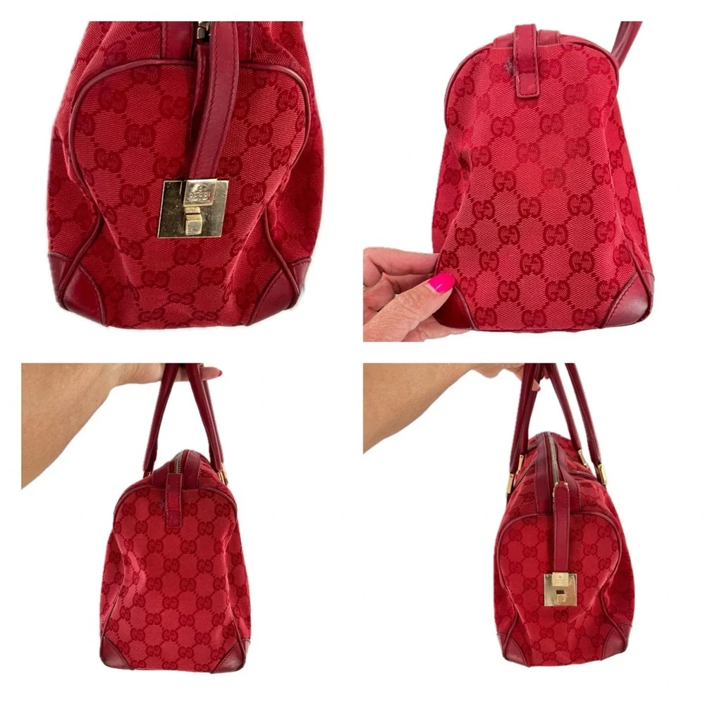 GUCCI GG Canvas Boston Bag, Red Jacquard Fabric, Red Leather Trim, Authentic